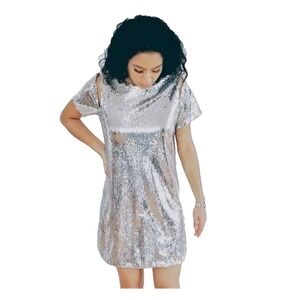 New FATE Silver Sequin Mini Dress Deep V Back‎ Cutouts Size M Party Club Date